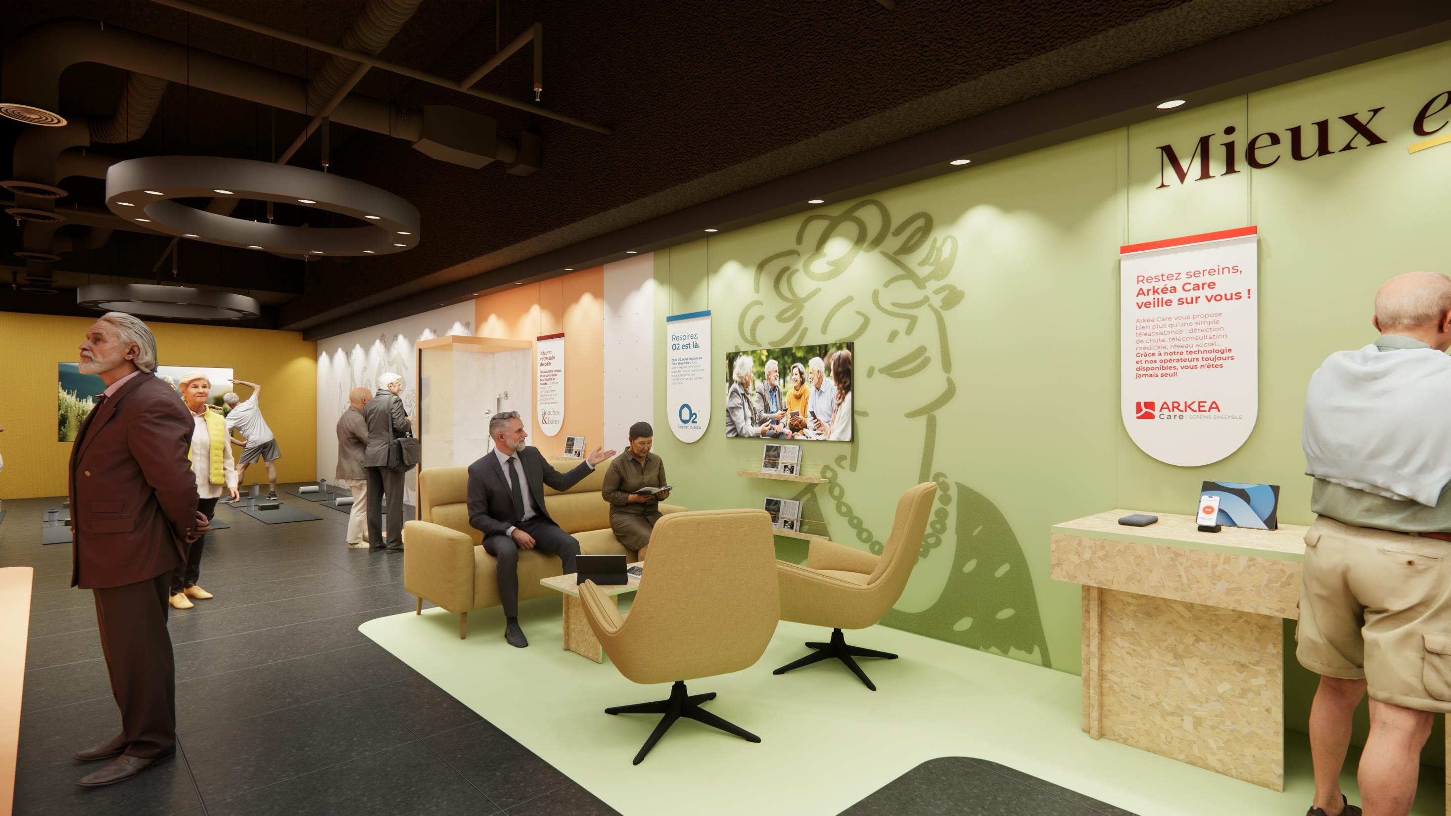 Coin salon convivial avec fauteuils et fresque illustrée