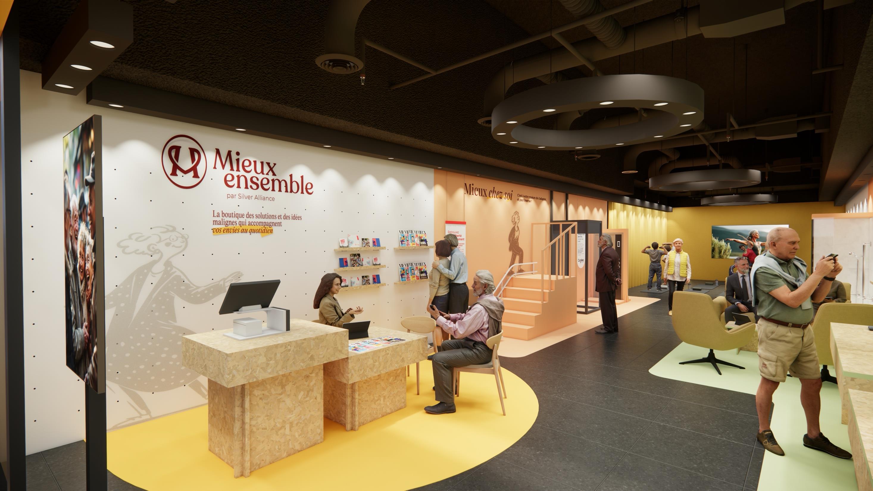 Espace d'accueil de la boutique avec le logo Mieux ensemble sur le mur
