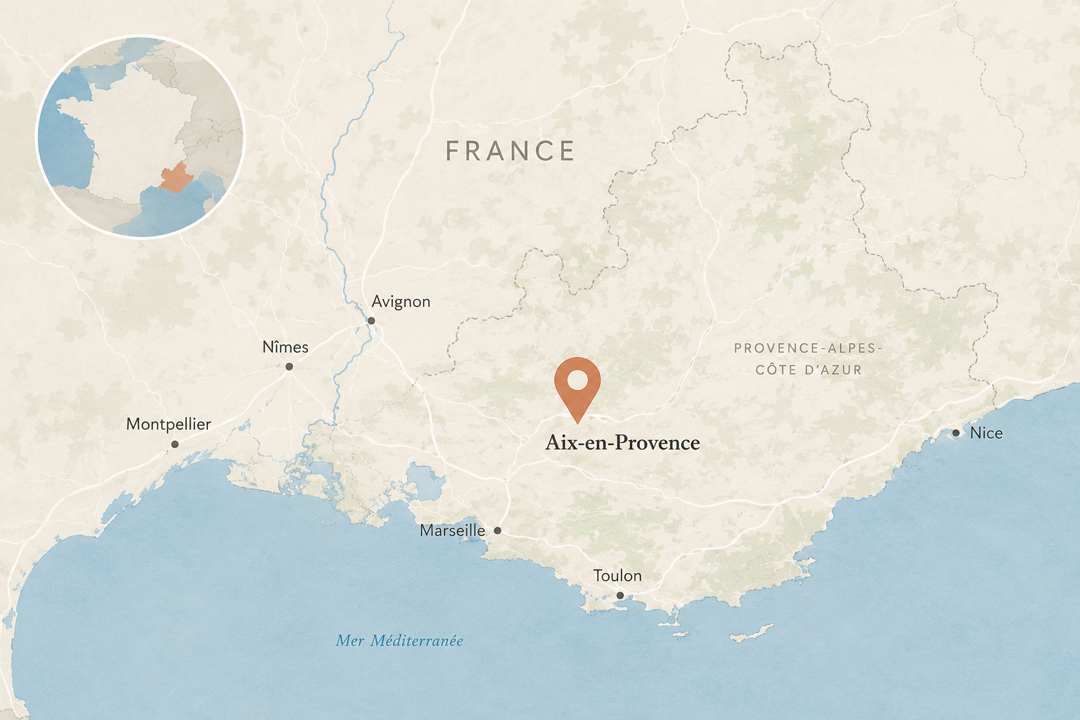 Carte de la région Provence-Alpes-Côte d'Azur avec Aix-en-Provence localisée